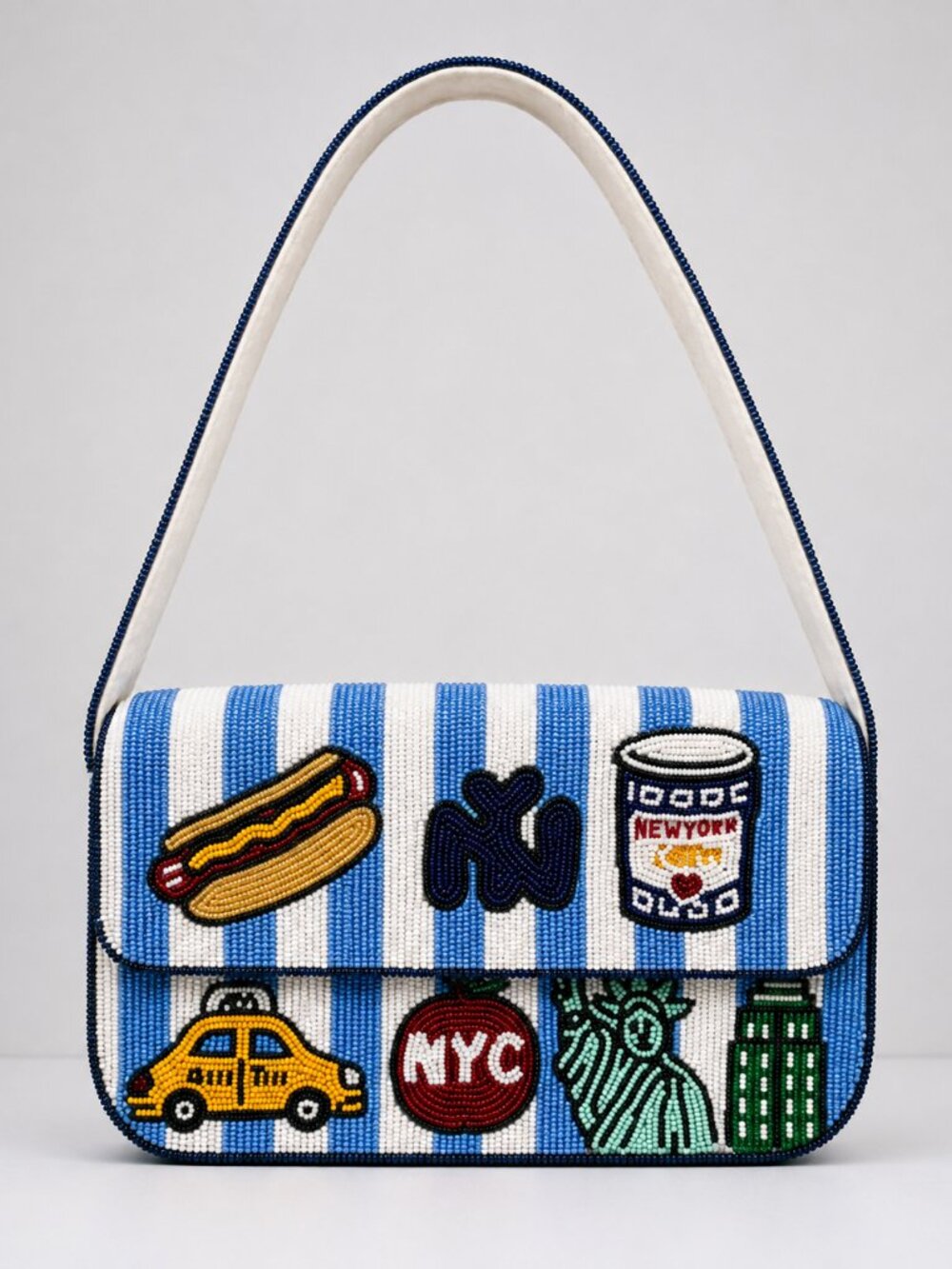 Hand Beaded NYC Shoulder Bag Blue Stripe Taxi Hot Dog Purse